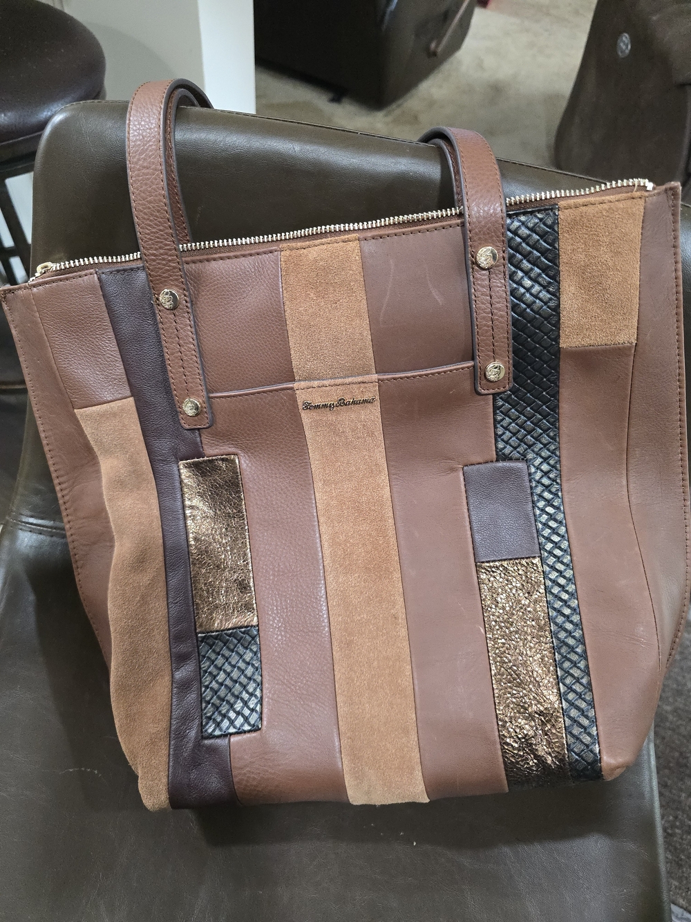 Tommy Bahama Brown Patchwork Leather & Suede Shoulder Tote